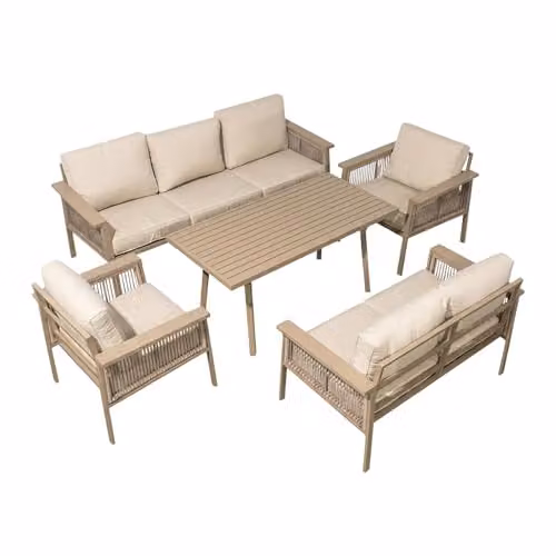 SHATCHI 7 Seater Aluminium Garden Furniture Set with Dining Table and Beige Upholstered Foam Cushions – 1