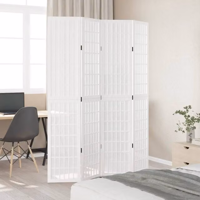 Berkfield Home 4-Panel Room Divider in White Solid Paulownia Wood, H 200 cm x W 140 cm