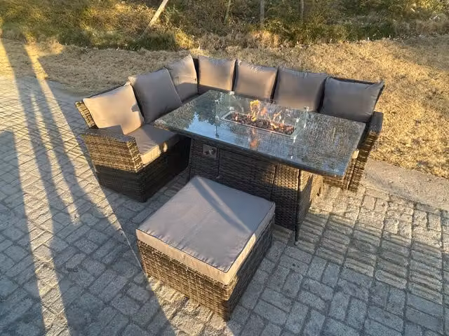 Fimous 7 Seater High Back Rattan Garden Furniture Set with Gas Fire Pit Dining Table, Left Corner Sofa and Big Footstools in Dark Grey
