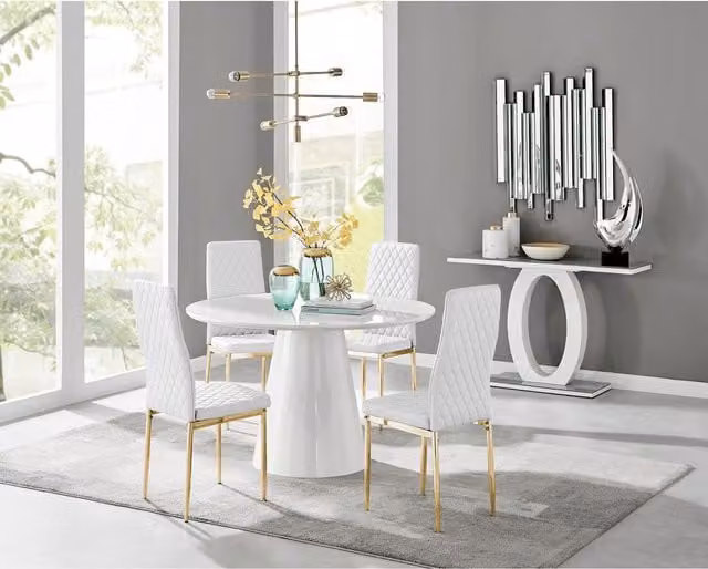 FurnitureboxUK Palma White High Gloss Round Dining Table and 4 Milan Gold Leg Chairs Set