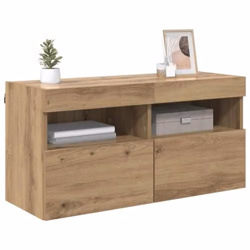vidaXL Modern Wall-Mounted TV Cabinet in Oak with Integrated Lighting and Internal Shelves, W/D/H: 80 x 40 x 40 cm
