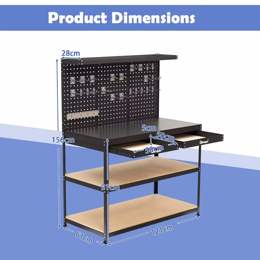 Gymax Metal Workbench with Large Pegboard and Shelves, Black, W: 121 cm, D: 61 cm – 2