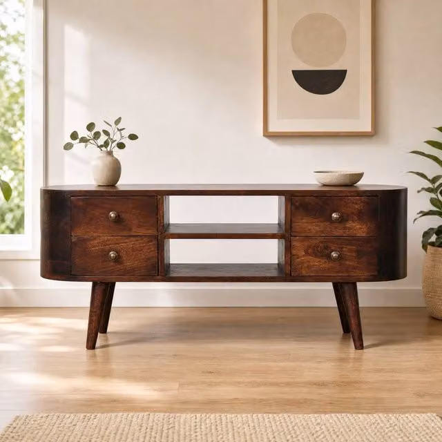 STILVORA Modern Mango Wood TV Stand with 4 Drawers in Brown