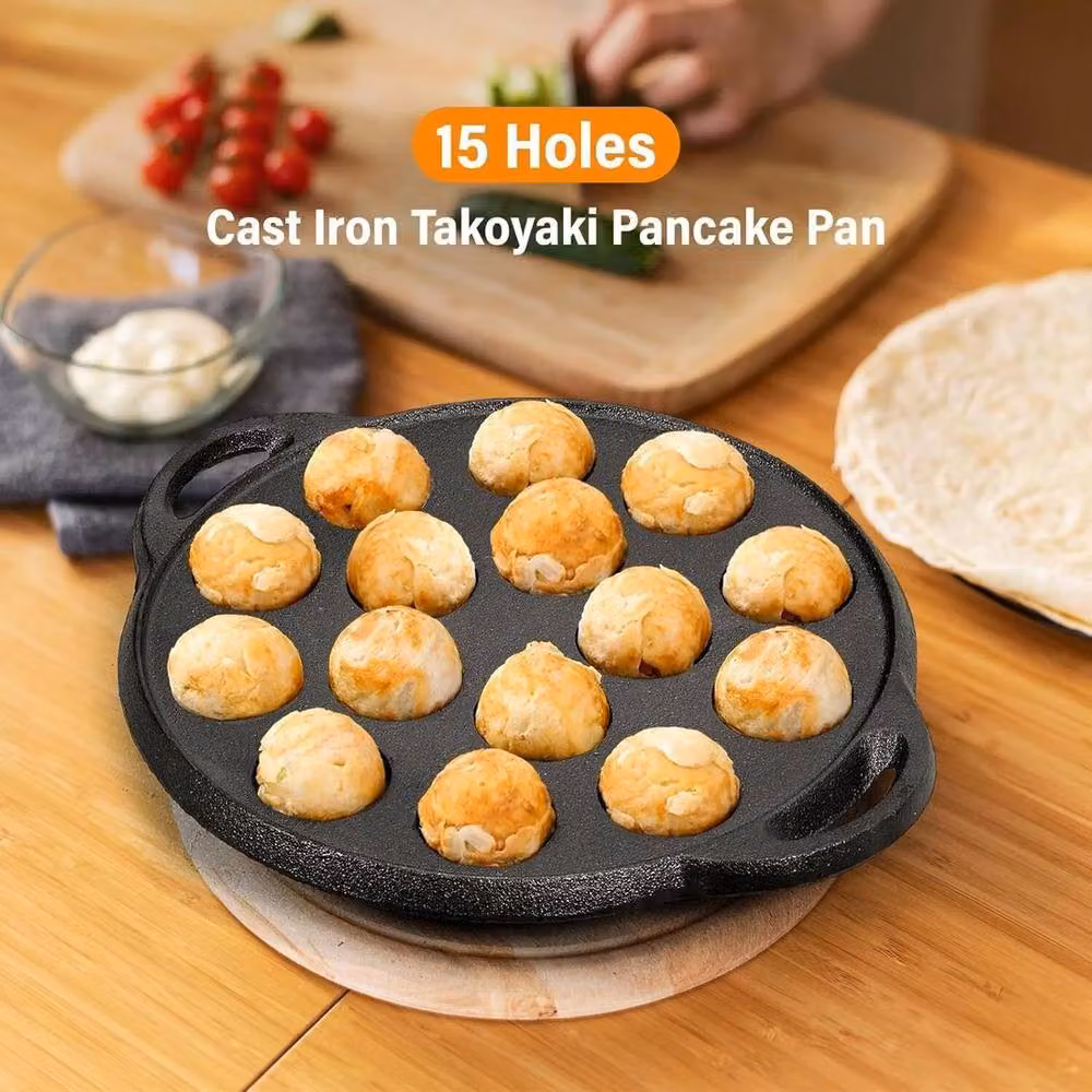 FORGEVIO C-15 Cast Iron Takoyaki Pan with 15 Holes, Black, Diameter: 23 cm – 4