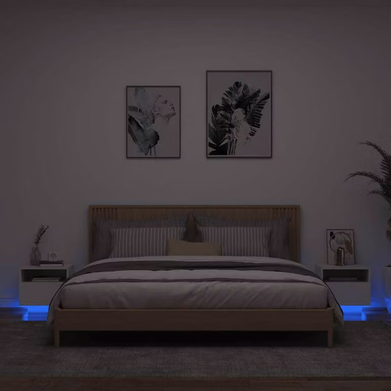 Berkfield Home Set of 2 White Modern Bedside Cabinets with Integrated LED Lighting, W/D/H: 40 x 39 x 37 cm