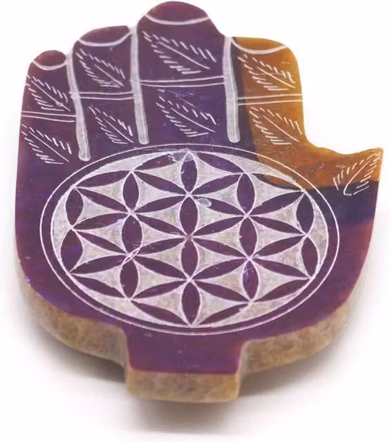 KDMD Soapstone Hamsa Incense Holder with Flower of Life Pattern in Multicolour and Purple