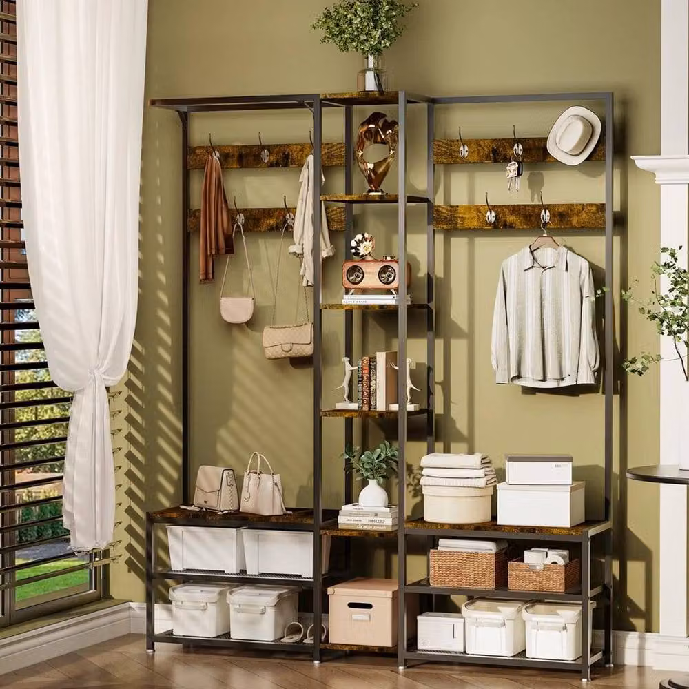 KORVIXA 3 in 1 Corner Hall Tree Coat Rack Stand with Bench and Entryway Storage, Brown – 5