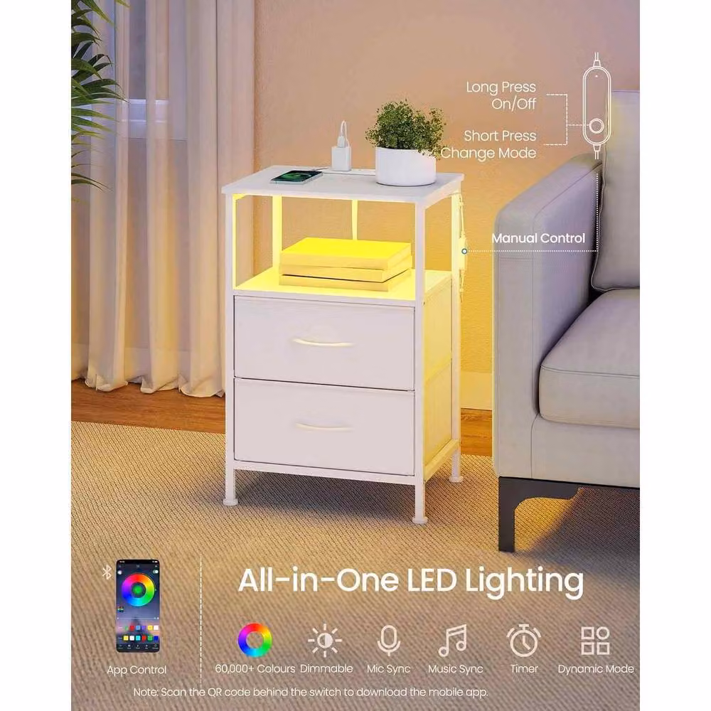 The Bazaarist Set of 2 Modern White LED Bedside Tables with Integrated Charging Station – 3