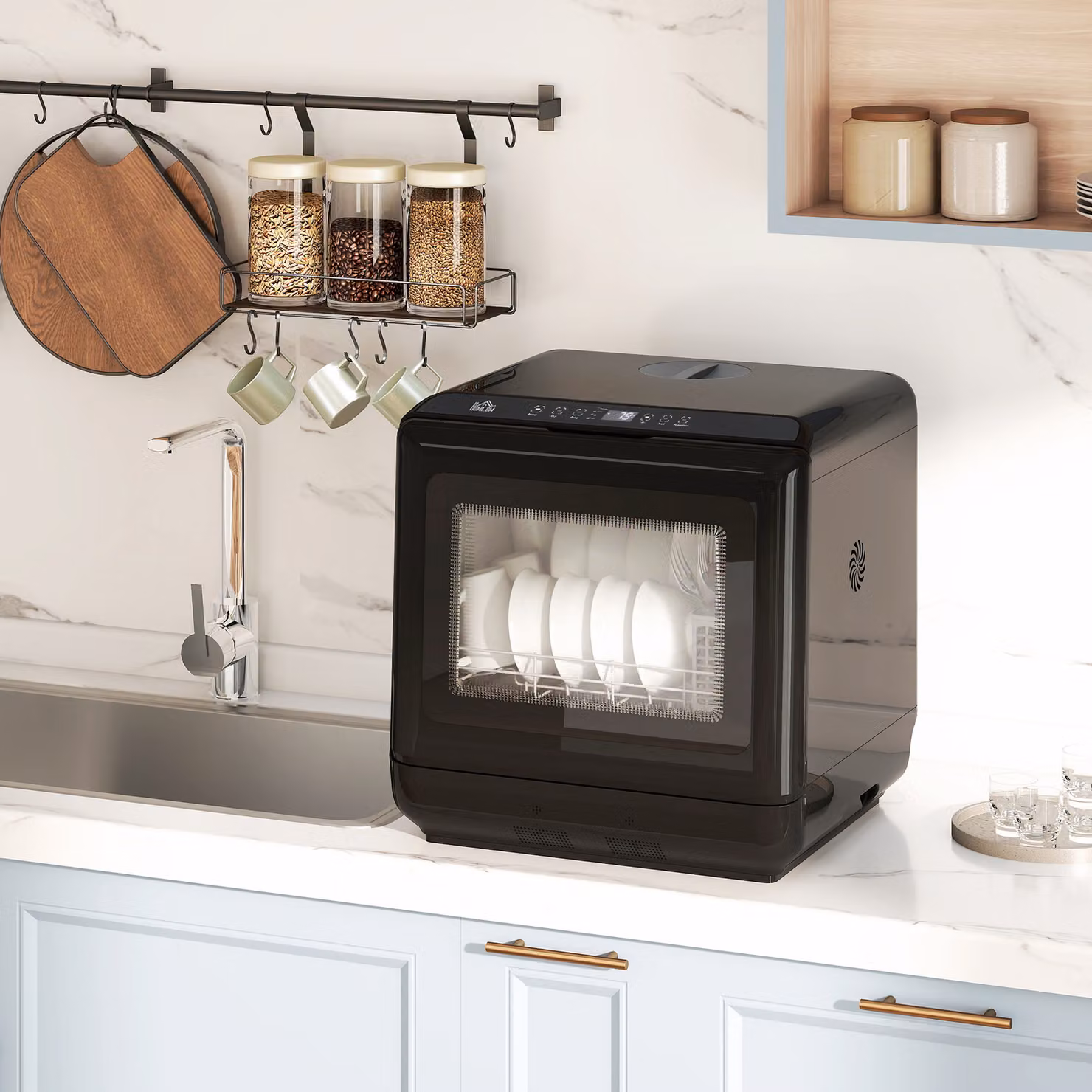 HOMCOM Mini Countertop Dishwasher in White with 6L Water Tank, 6 Programs, Touch Control, LED Display and 4 Place Settings – 2