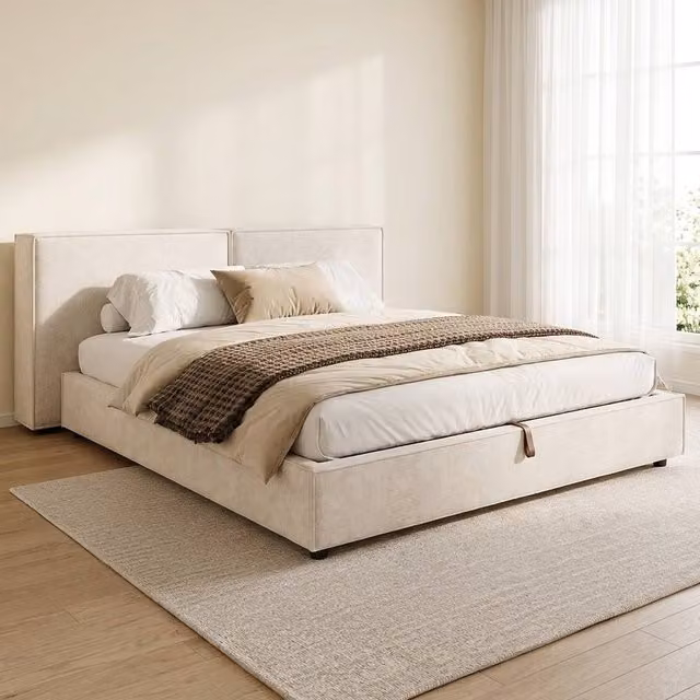 STILVORA Super King Ottoman Bed with Storage in Beige Chenille, W: 180 cm, D: 200 cm – 1