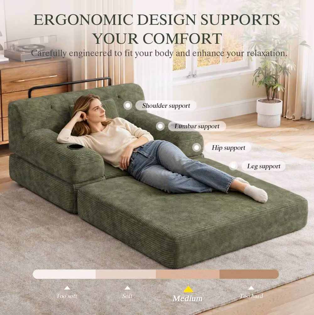 STILVORA Green 1-Seater Sleeper Sofa with Storage Pockets, Cup Holders and Armrests – 6