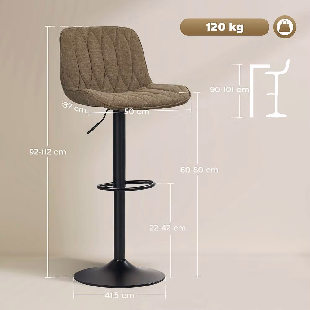 STILVORA Set of 2 Adjustable Height Swivel Bar Stools in Brown Linen Fabric with Metal Base – 3