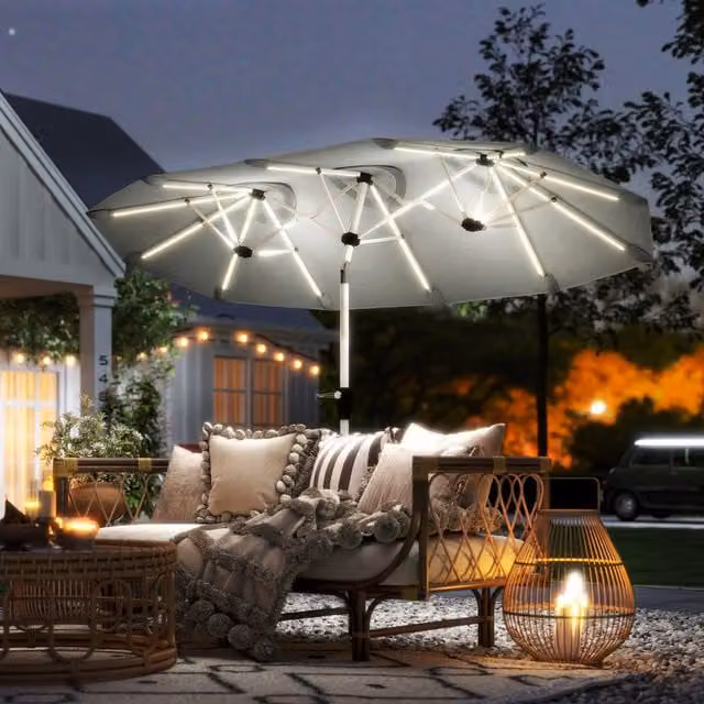 Outsunny 3m Double-Sided Grey Garden Parasol with Solar Lights and UPF 50+ Polyester Canopy
