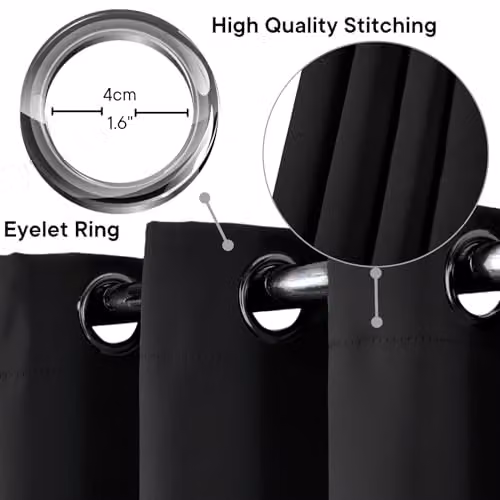 OHS Pair of Thermal Blackout Eyelet Curtains in Black, Width: 116 cm, Drop: 182 cm – 2