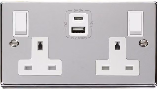 SE HOME White and Polished Chrome Surface Mounted 2 Gang 13A Type A C USB Twin Double Switched Plug Socket