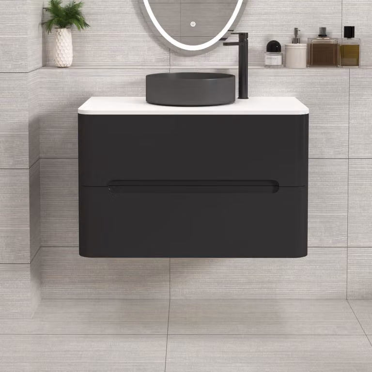 Royal Bathrooms Venice 800mm Matt Nocturne Black Wall Hung 2 Drawer Vanity Unit with Plain White Worktop and Art Round Basin