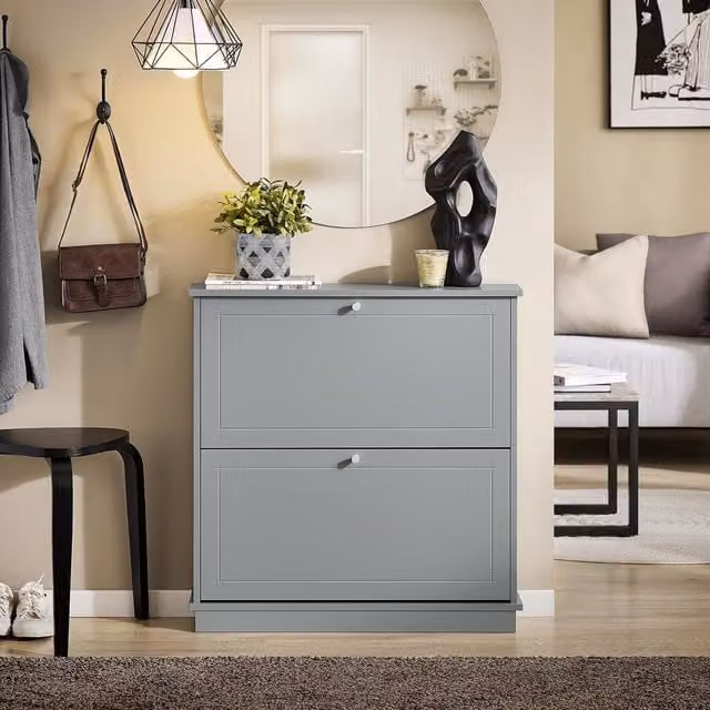 SoBuy Slim Grey Shoe Storage Cabinet with 2 Tilting Compartments and Round Knobs