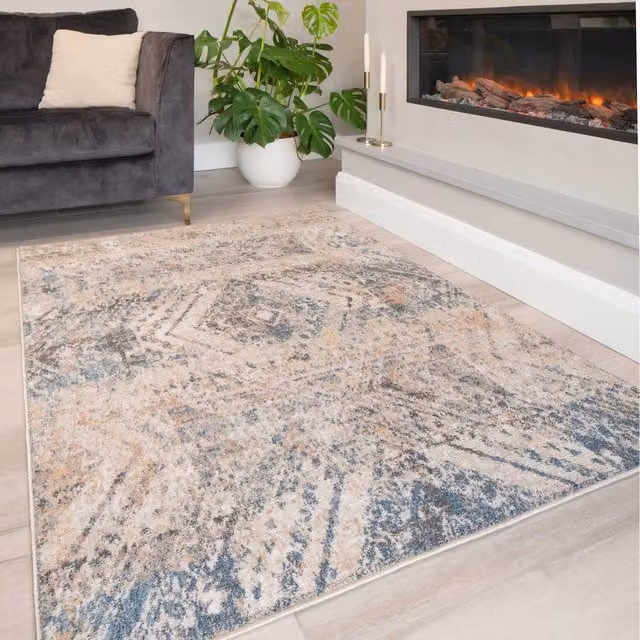 The Rug House Distressed Diamond Vintage Area Rug, Multicolour and Beige, W: 170 cm, D: 120 cm