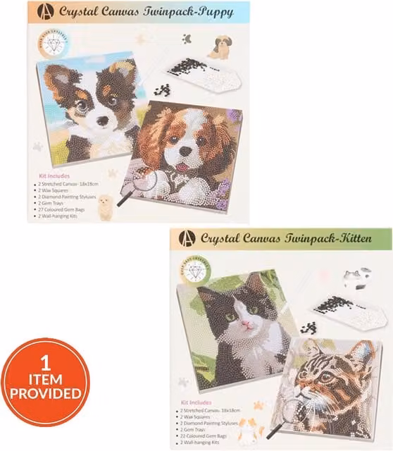 Art Studio Kitten or Puppy Crystal Canvas Twinpack, Multicolour