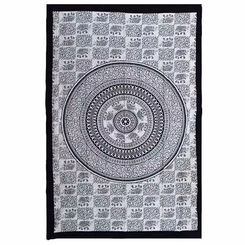 KDMD Single Cotton Bedspread and Wall Hanging Set with Black Elephant Mandala Design