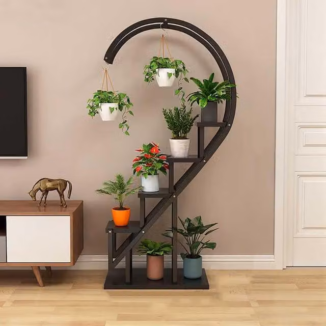 Livingandhome Crescent 4-Tier Modern Metal Plant Stand in Matt Black