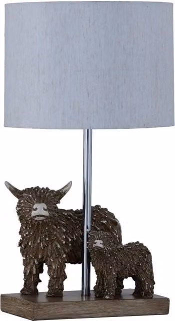 First Choice Lighting Angus & Hamish Highland Cows Table Lamp in Brown with Beige Fabric Shade
