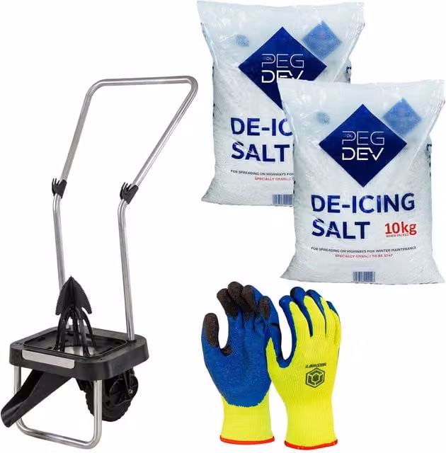 Pegdev 20kg White De-Icing Salt Kit with Oscillating Spreader and Latex Gloves