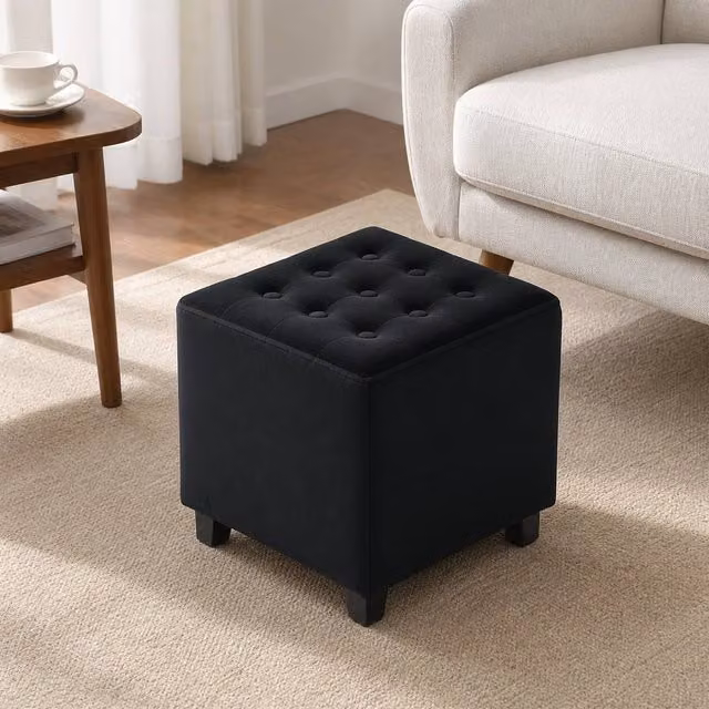 STILVORA Grey Velvet Cube Ottoman Stool with Wood Frame, W/D/H: 35 x 35 x 35 cm