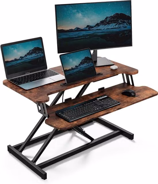 VonHaus Height Adjustable Standing Desk Converter with Keyboard Shelf in Dark Brown and Black
