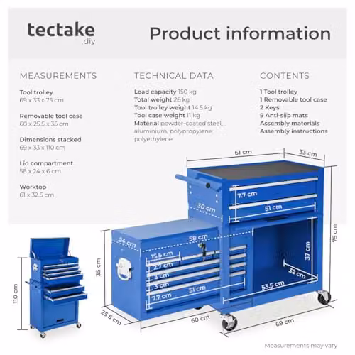 tectake Lockable and Rollable Steel Tool Chest in Blue – 3