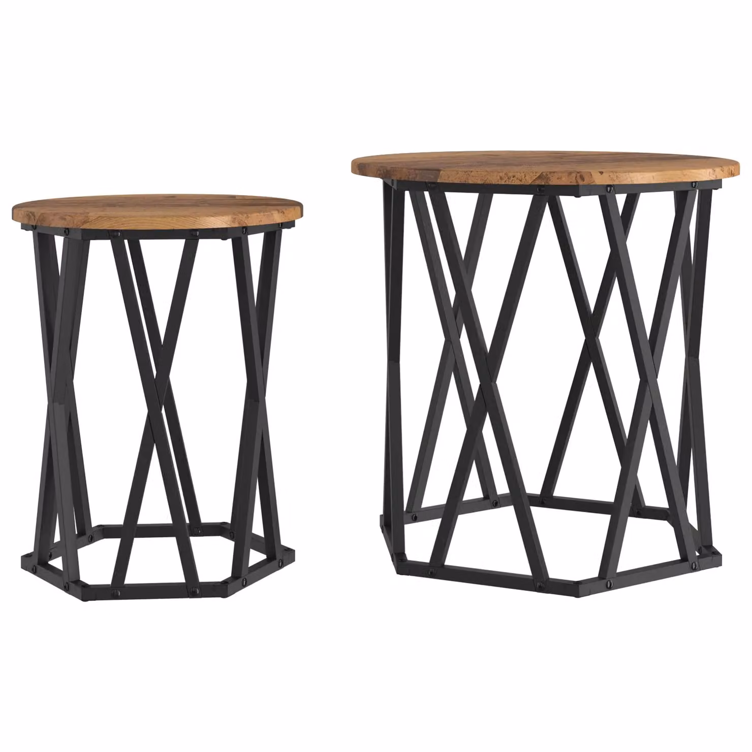 Berkfield Home Rustic Round Wood and Metal Nesting Tables with Geometric Inlays in Brown and Black – 2