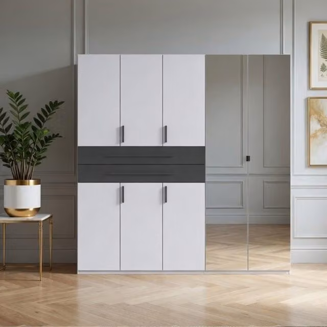 Digit 5 Door Modern Wardrobe with Mirror in White or Grey, W/H: 225 x 225 cm