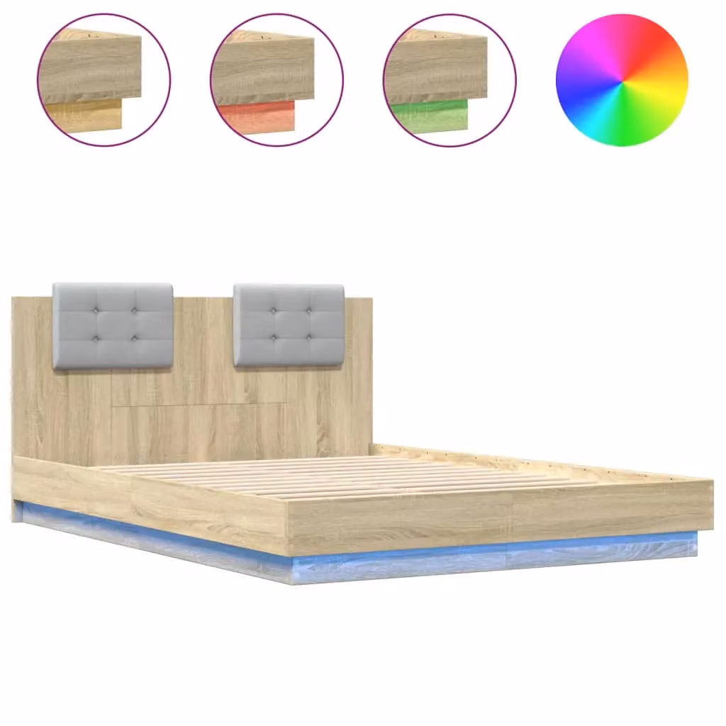 Berkfield Home Bed Frame with LED Lighting and USB Charging Port in Sonoma Oak Brown, W/D/H: 140 x 200 cm – 2
