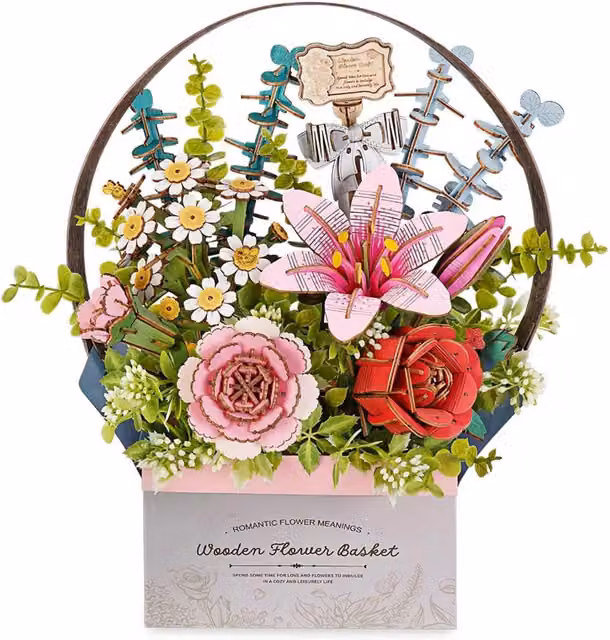 Syntego 3D Wooden Flower Basket DIY Puzzle in Pink, Red and Multicolour