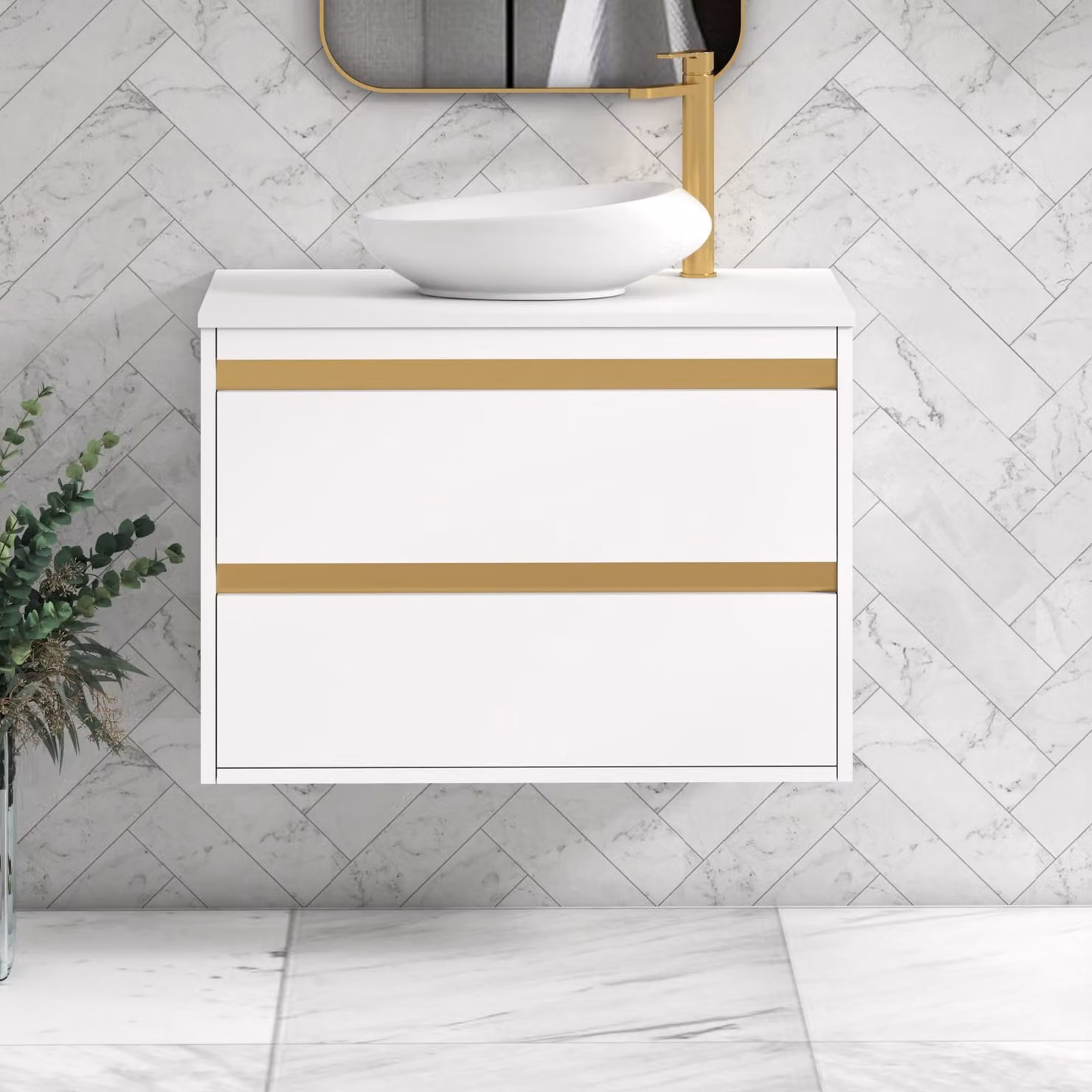 Royal Bathrooms Orion 800mm Matt White Wall Hung Vanity Unit with Nova Basin and Brushed Brass Accent Trim