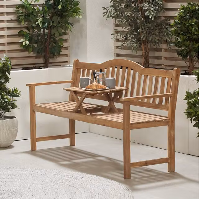Pacific Lifestyle 2 Seater Rustic Acacia Wood Bench with Pop Up Table in Brown