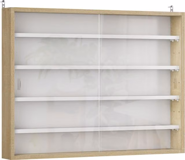 HOMCOM 5-Tier Wall Mounted Display Shelf Unit with Glass Doors and 4 Adjustable Shelves in Natural Brown, W: 80 cm, H: 60 cm, D: 60 cm
