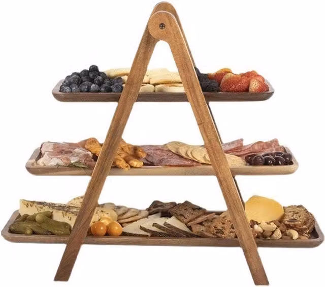NESTLUNE 3-Tier Square Solid Wood Serving Tray in Brown, W/D/H: 100 x 100 x 40 cm