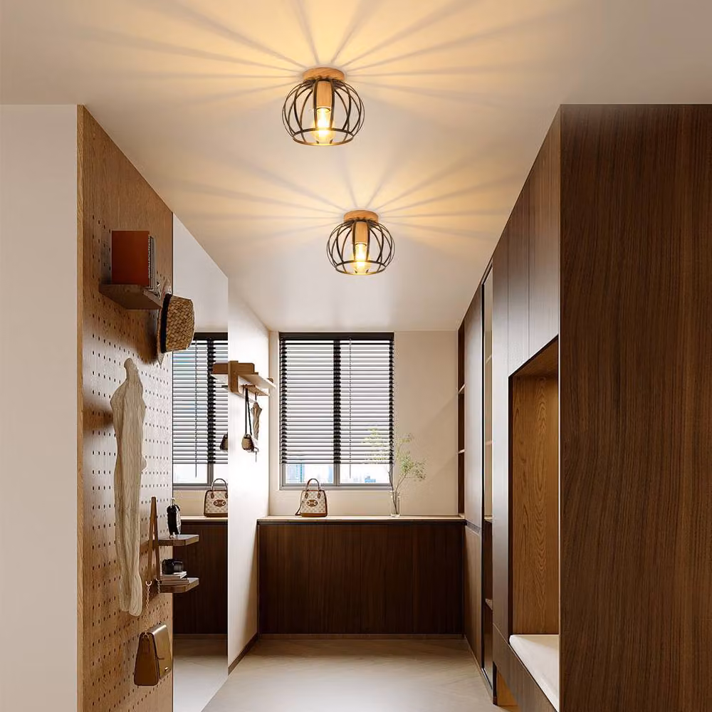 Pheashine Industrial Vintage Ceiling Light, Black Metal and Wood Cage Design, E27, Diameter: 30 cm – 5