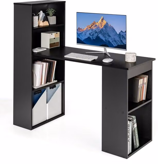 Costway Wooden Computer Desk and Writing Workstation with 6-Tier Storage Shelves in Black – 1