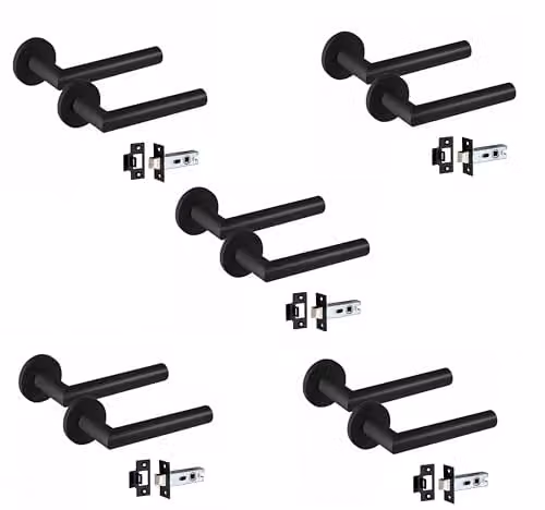 Golden Grace Mitred Door Handles on Round Rose, 5 Pairs, Matt Black