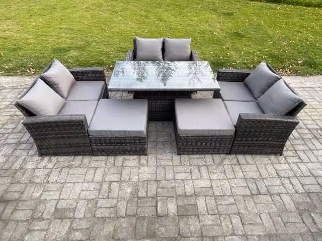 Fimous 8 Seater Wicker Rattan Garden Furniture Set with Height Adjustable Rising Table, Double Seat Sofa and 2 Large Footstools in Dark Grey Mixed