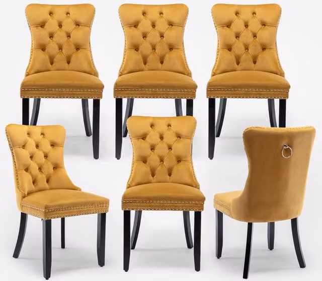 HomeTouch Romsey Set of 6 Yellow Velvet Upholstered Dining Chairs with Oak Legs and Knocker Ring Back