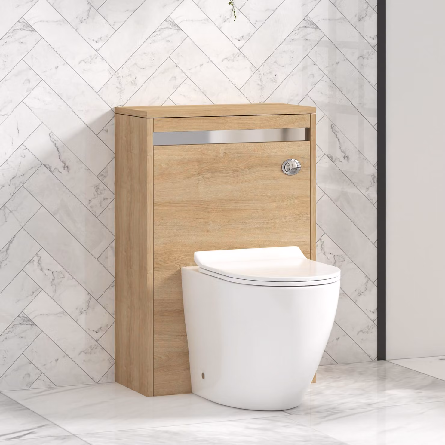 Royal Bathrooms Orion Natural Oak Wall Mounted WC Unit with Elva Rimless Ceramic Toilet Pan, Slim Soft Close Seat and Cistern, Chrome Accent Trim, Width: 54 cm