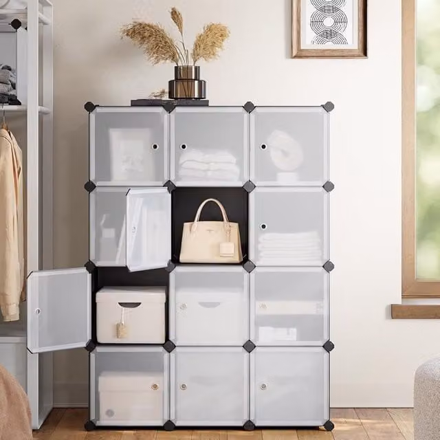 SONGMICS 12-Cube Stackable Storage Unit and Shoe Rack with Hinged Doors in Black – 1