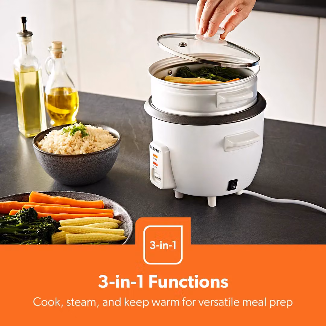 Geepas White Rice Cooker with Vegetable Steamer and Non-Stick Inner Pot, 0.6 l – 3