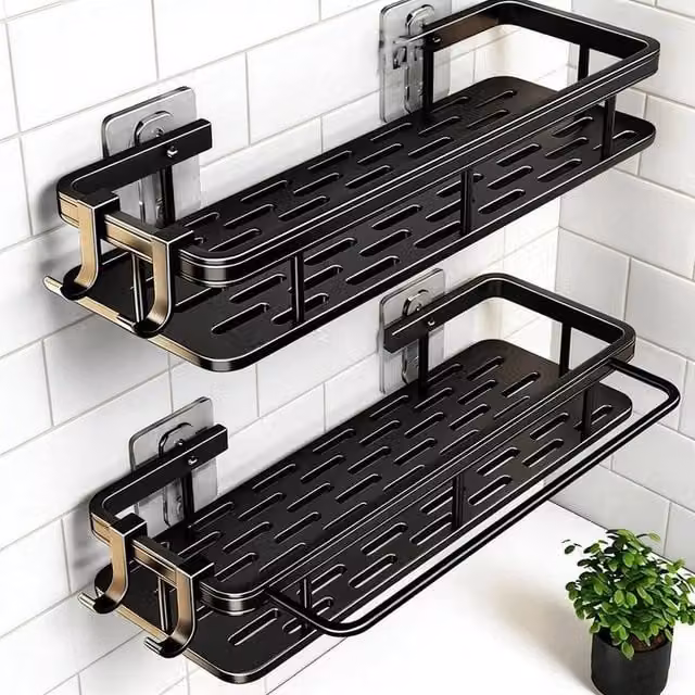 PAWNORA Matt Black Metal No-Drill Wall Mounted Bathroom and Kitchen Shelf