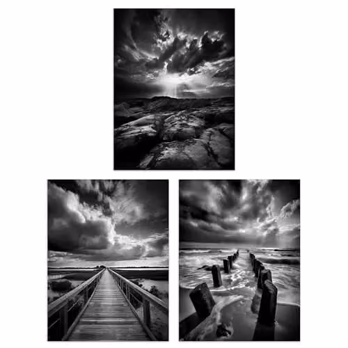 Artery8 Set of 3 Black and White Atmospheric Cloud and Coastal Landscape Paper Poster Prints