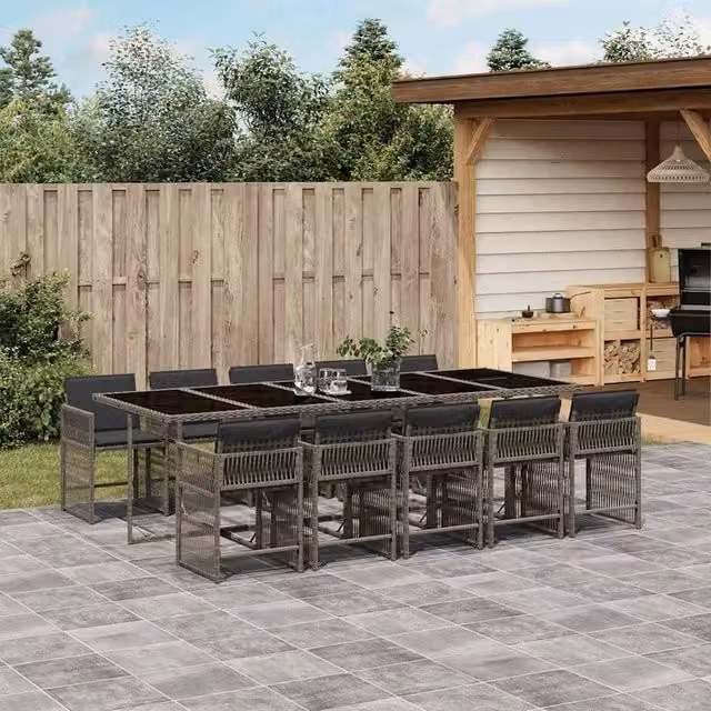 Berkfield Home 11 Piece Grey Poly Rattan Garden Dining Set with Cushions and Glass Tabletop – 1