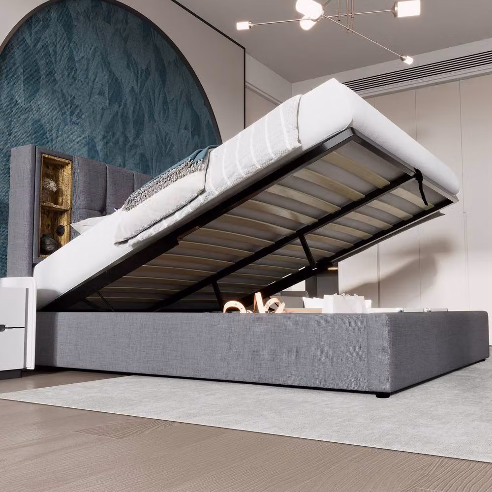 ModernLuxe Upholstered Ottoman Bed with Storage Headboard and USB Charging Port in Grey, W/D/H: 140 x 200 x 100.5 cm – 4